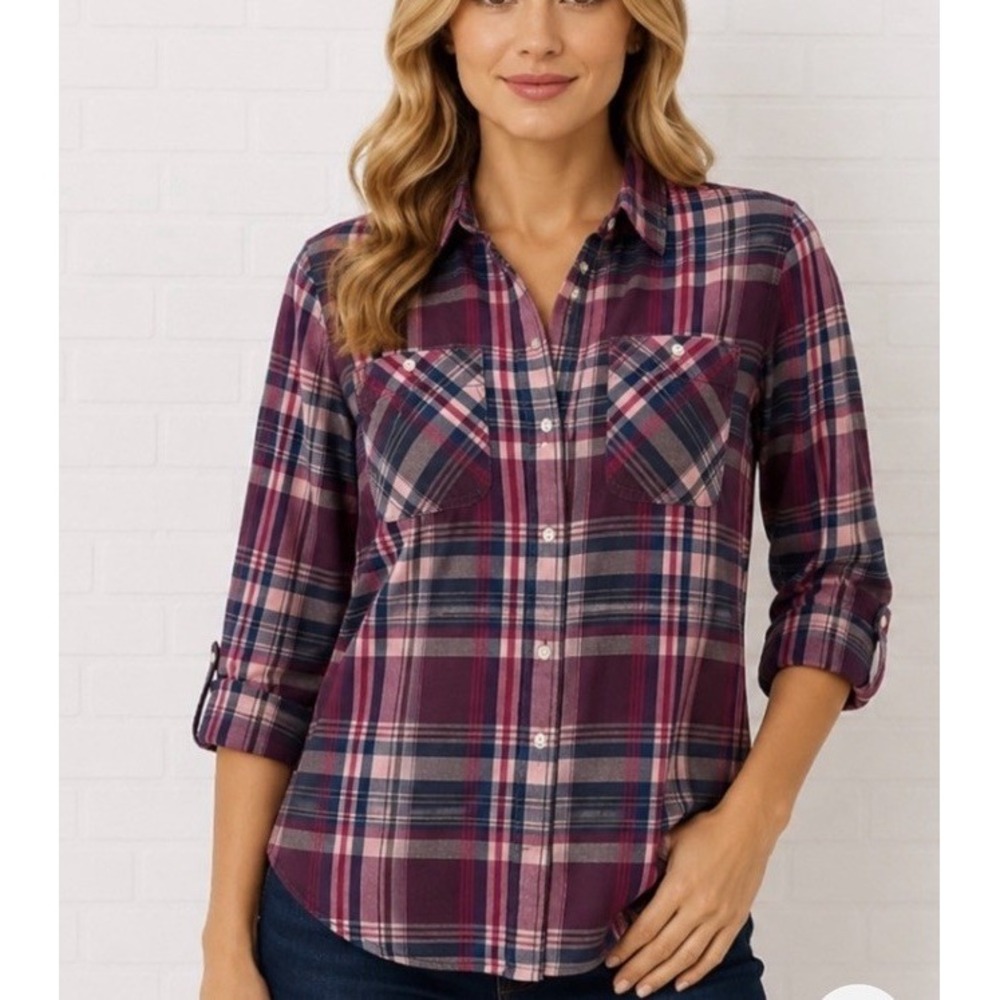 Lauren Ralph Lauren Plaid Shirt Womens S Pink Cotton Roll Tab Sleeve Button Down
